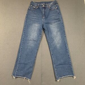 Womens High Rise Wide Leg Jeans Medium Wash Raw Hem Size M Relaxed Fit Denim